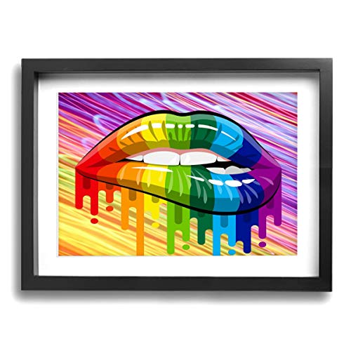 Olverz Cuadro enmarcado homosexual lesbiana arco iris labios orgullo abstracto marco de madera moderno lienzo enmarcado arte para pared hogar y oficina decoración enmarcada tamaño 30,5 x 40,6 cm