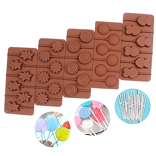 BAKER DEPOT Silicone chocolate Lollipop Mold with 6 Holes, Double Heart, Star, Small Flower, Smile Face, Round, Etc, Design, Set of 5