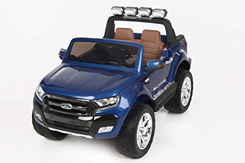 Ford Ranger Wildtrak 4X4 LCD Luxury, Coche eléctrico para niños, 2.4Ghz, Pantalla LCD, Azul pintado, 2x12V, 4 X MOTOR, mando a distancia, dos asientos en cuero, ruedas blandas de EVA, Bluetooth