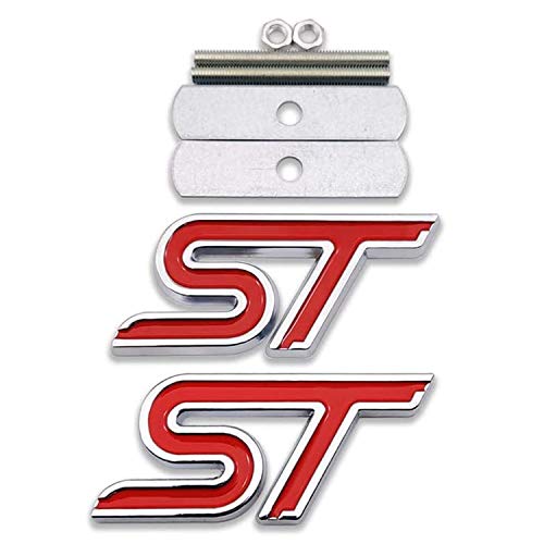HAOXUAN 1 x 3D Metal ST Logo Emblema de Rejilla Delantera + 1x Pegatina 3D Calcomanía de Carreras Sport Turbo Insignia Apto para Ford Focus Fiesta Edge,Rojo