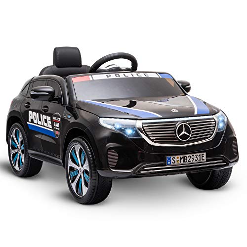 HOMCOM Coche Eléctrico de Policía para Niños Mercedes EQC Batería 12V +3 Años con Mando a Distancia Música Bocina y Faros Doble Apertura 106x68x53 cm Negro