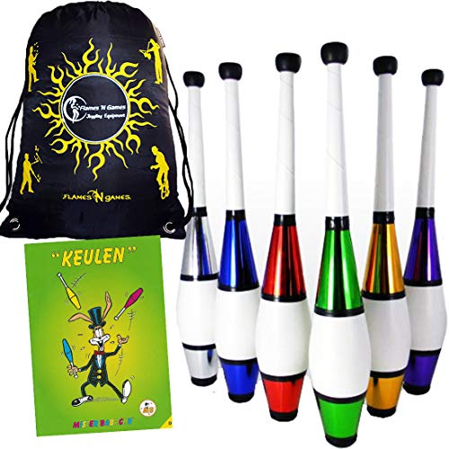 Juggle Dream EURO PRO - Juego de mazas de malabares (3 unidades, incluye folleto de Mr Babache y bolsa de viaje Flames N Games), color verde, morado y dorado