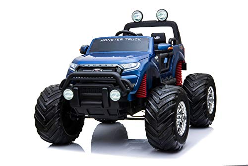 RIRICAR Eléctrico Ride-On Ford Ranger Monster Truck 4X4, Pintura Azul, Control Remoto de 2.4 GHz, Arranque Suave, Entrada USB / Radio / SD / MP3 con Bluetooth