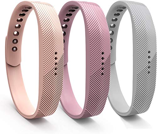 WindTeco Correa para Fitbit Flex 2, 3 x Reemplazo de Silicona Suave Deportivo Sport Strap Band con Broches para Fitbit Flex 2 Wireless Actividad Pulsera Brazalete, Rosa, Púrpura, Gris