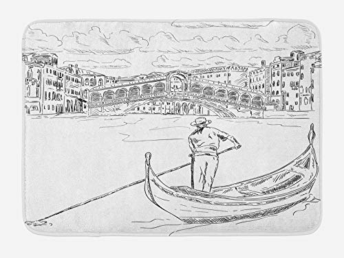 Alfombra de baño Venecia, puente de Rialto con góndola, romántico paisaje urbano inspirado en un monumento italiano, alfombra de felpa decorativa para baño con respaldo antideslizante, negro blanco