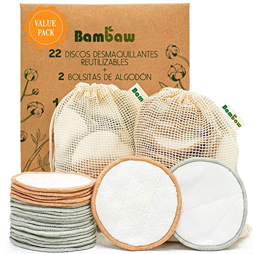 Bambaw Discos Desmaquillantes Reutilizables con dos bolsitas de algodón para lavarlos – Pack 22 Discos