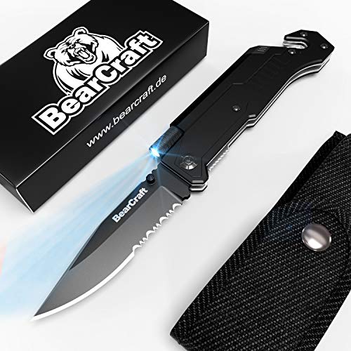 BearCraft Cuchillo Plegable eBook Gratis ** | Navaja de Bolsillo para la Supervivencia al Aire Libre con Borde dentado | Cuchillo de Rescate con Linterna LED y pedernal