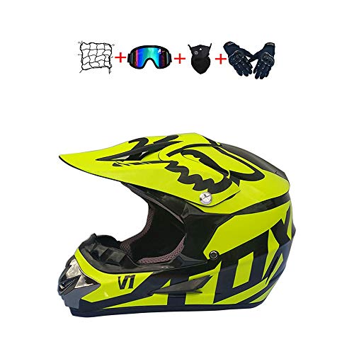 BHGJ Casco Motocross Niño，Diseñado con FOX Cascos De Motocross Cascos de Cross de Moto Set con Gafas/Máscara/Guantes（FOX,amarillo） (S)