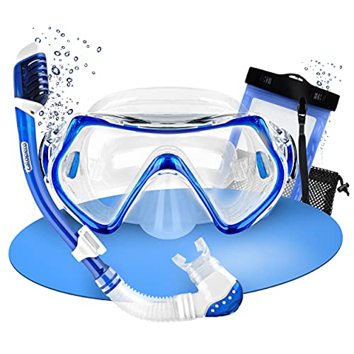 Calopero Set de esnórquel para niños, gafas impermeables para buceo, incluye tubo de buceo para niños, máscara de buceo y bolsa de malla, color azul