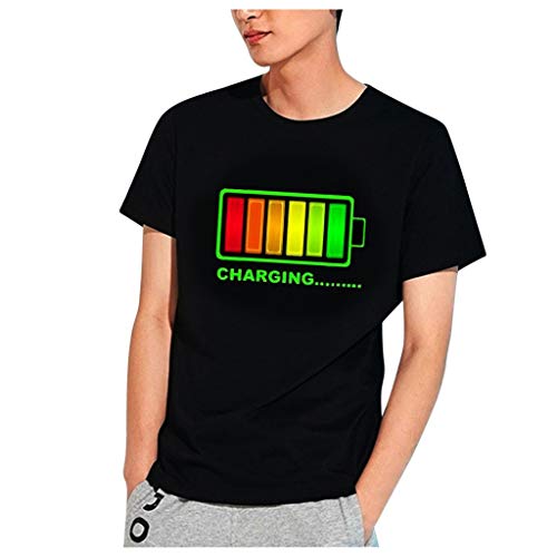 Camisetas Estampada 3D LED de Control de Voz (Sonido eléctrico de batería) Verano Moda Camiseta de Manga Corta Impresa en para Hombre Cómodo Casual Top T Shirt Negro XXL