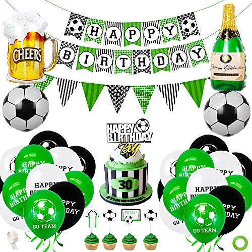 Decoración de cumpleaños de fútbol, suministros para fiestas, globos de látex con tema de fútbol con pancarta de feliz cumpleaños, decoración para tarta para niños, niños, fanáticos del fútbol