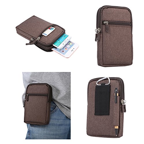 DFV mobile - Universal Multi-Functional Vertical Stripes Pouch Bag Case Zipper Closing Carabiner for Garmin-ASUS nuvifone A50 - Brown (17 x 10.5 cm)