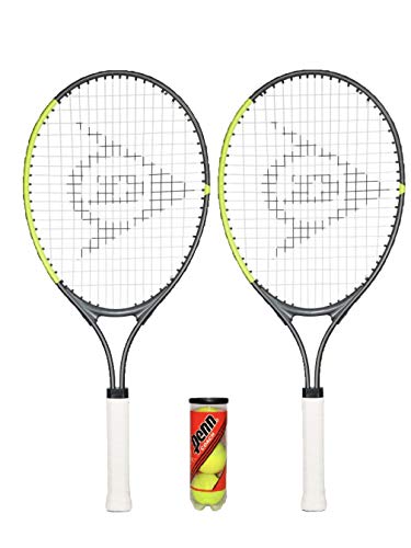 Dunlop 2 raquetas de tenis CV Team Junior (19 pulgadas, 21 pulgadas, 23 pulgadas y 25 pulgadas), incluye funda protectora para cabeza y bolas de elección (2 x 25 + Penn Balls)