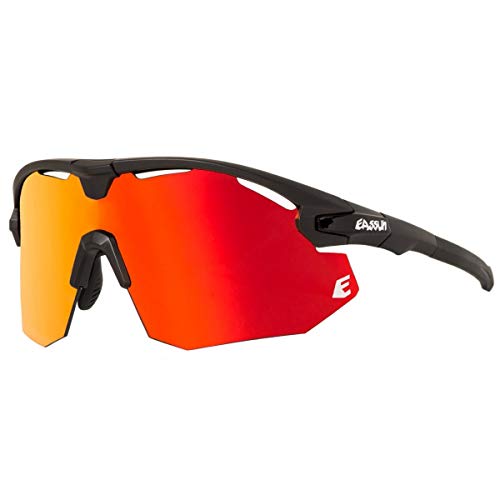 EASSUN Gafas de Ciclismo Giant, Solares Cat 2, Antideslizantes y Ajustables con Sistema de Ventilación - Negro Mate, Rojo Fuego