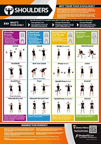 Ejercicio de hombros | Entrenamiento completo mejora el entrenamiento de fuerza | Póster laminado de gimnasio y casa | Incluye soporte de entrenamiento de vídeo en línea | Tamaño – 594 mm x 420 mm (A2) | Mejora la condición física personal