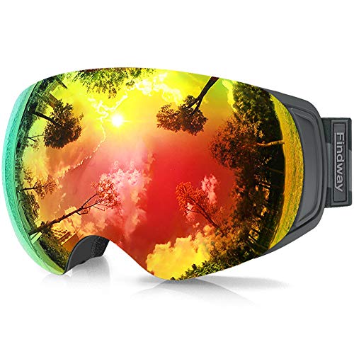 findway Gafas de Esquí, Gafas Esqui Snowboard Nieve para Hombre Mujer OTG, Anti Niebla Gafas de Esquiar Ventisca Protección UV,Rojo Magnéticos Esférica Lentes Interchangeable Spherical Lens OTG