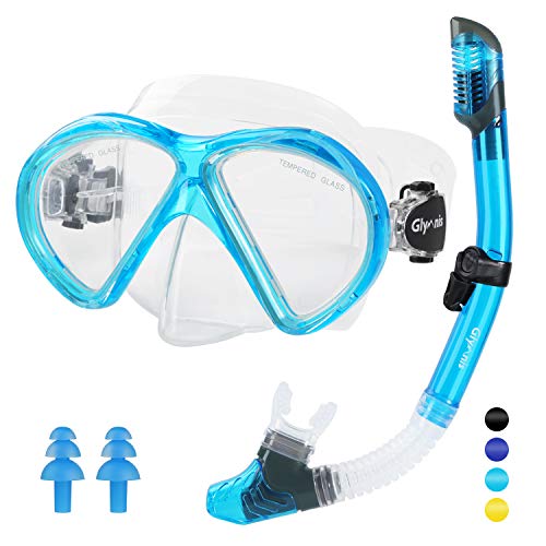 Glymnis Gafas de Buceo Gafas Snorkel Seco Completo Kit de Snorkel Máscara de Buceo y Snorkel Seco Set Máscara Set de Snorkel Profesional para Adultos y Jóvenes Hombre y Mujer Azul
