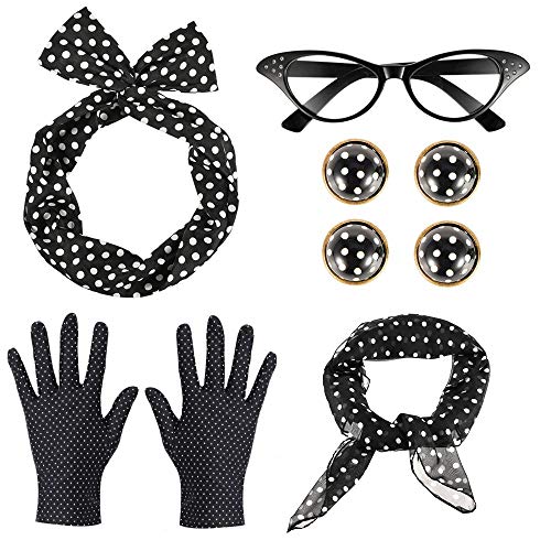 Goldg - Juego de accesorios vintage para mujer, 50 unidades, diseño de lunares, diadema, bufanda, pendientes, gafas, guantes (6 unidades)