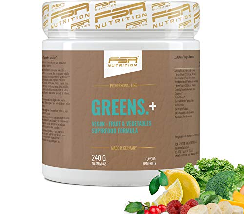 Greens Polvo Superfood con hierba de cebada, espirulina, chlorella & vitamina C natural - Fabricado en Alemania - FSA Nutrition - 240 g