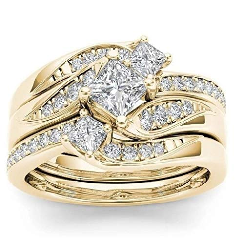 Janly - Anillo de oro rosa para mujer, diseño de diamantes, color blanco natural, romántico, color, talla L