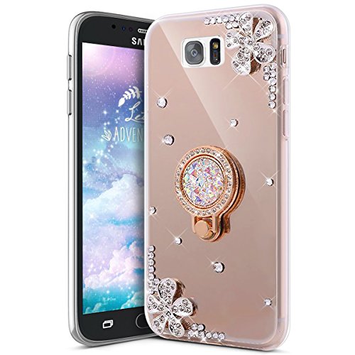 KunyFond Funda Compatible Samsung Galaxy S6 Edge Plus,Carcasa Flores Espejo Mirror Round Anillo Soporte Movil TPU Purpurina Brillo Brillantes Bling Glitter Diamond Case Cover Resisten Gel Bumper-Oro