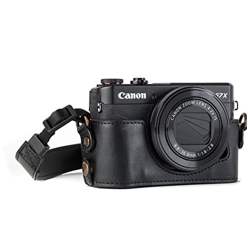 Media Funda de Piel con Correa MegaGear MG951 Ever Ready, para cámara Canon PowerShot G7 X Mark II, Color Negro