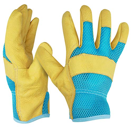 Navaris Guantes de jardinería de cuero S - Par de guantes de trabajo para hombre o mujer - Cómodos y con buen agarre - En amarillo pequeños