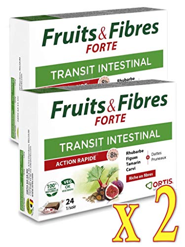 ORTIS Fruits & Fibres Forte Tránsito Intestinal – Acción rápida de 8 h – Complemento alimenticio, 24 cubos – Lote de 2 cajas (2 unidades)