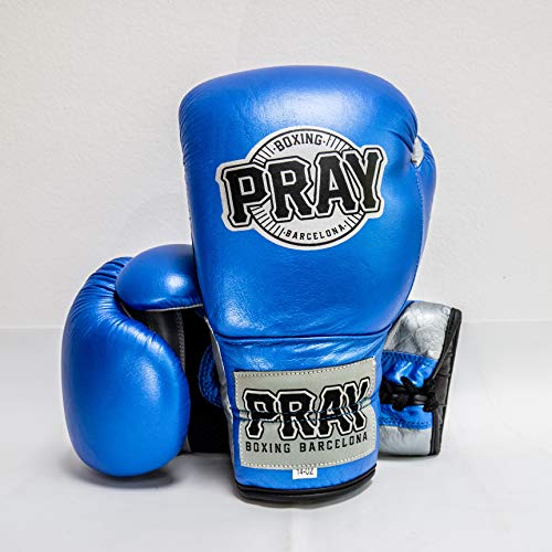 Pray Boxing Moon - Guantes de Boxeo de Piel Natural con Cierre Profesional de Cordones … (Azul, 12 Oz)