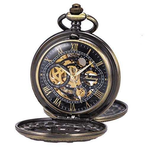 Reloj de Bolsillo Esqueleto Mecánico Caja Doble Mano Viento SIBOSUN Números Romanos Caja Cadena Antigua Bronce
