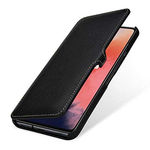 StilGut Book Type Case, Funda de Cuero para su OnePlus 7T con Cierre Clip, Flip Case de Piel auténtica, Negro