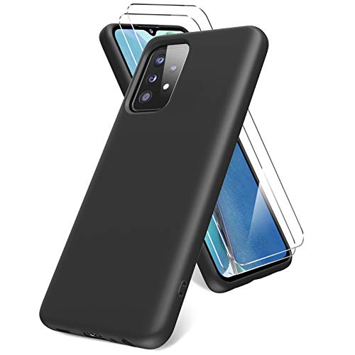 Vansdon Funda Compatible con Samsung Galaxy A52 5G/4G, 2 Unidades Protector Pantalla Cristal Templado, Silicona Líquida Gel Ultra Suave Funda- Negro