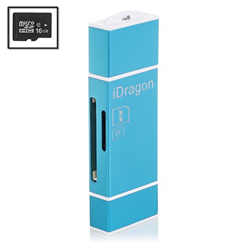 DAM iDragon - Lector de Micro SD y SD para iOS - Android + Micro SD Clase 10 16 GB, Color Azul