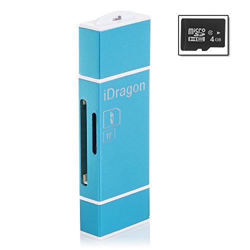 DAM iDragon - Lector de Micro SD y SD para iOS - Android + Micro SD Clase 10 4 GB, Color Azul