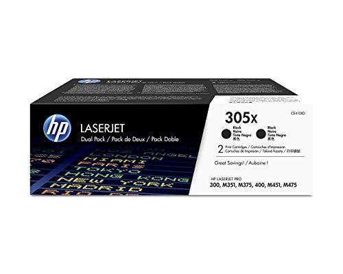 HP 305X CE410XD Negro, Cartucho Tóner de Alta Capacidad Original, Pack de 2, para impresoras HP LaserJet Pro Color serie M351, M451, M375 y M475