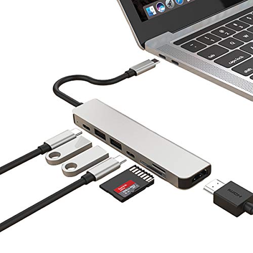 HUB USB C, adaptador USB C 7 en 1 a HDMI 4K, USB dual, carga PD, puerto de datos tipo C, lector de tarjetas SD/TF para MacBook Pro Air/iPad Pro/Samsung Galaxy S9 S10/Dell XPS/ Chromebook/portátil HP