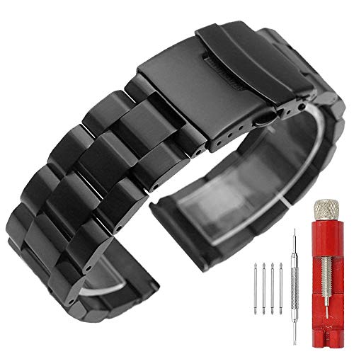 Kai Tian Banda de reloj de acero inoxidable de 24mm para hombres Correa reloj negra clásica Cierre de implementación Reemplazo de banda de reloj de pulsera