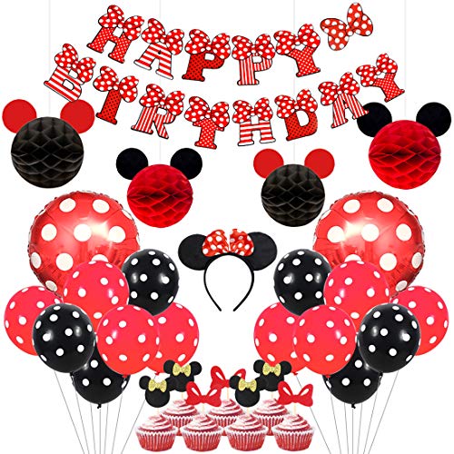 Kreatwow Artículos de Fiesta de Mickey y Minnie Diadema de Orejas Rojas y Negras Banner de Feliz cumpleaños Globos de Lunares para Decoraciones de Fiesta temáticas de Minnie