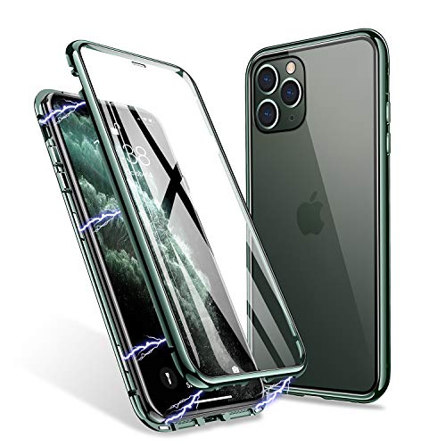 ZHIKE Funda iPhone 11 Pro MAX, Estuche de Adsorción Magnético Frente y Parte Posterior de Vidrio Templado Cobertura de Pantalla Completa Diseño de una Pieza Cubierta con Tapa para (Verde Oscuro)
