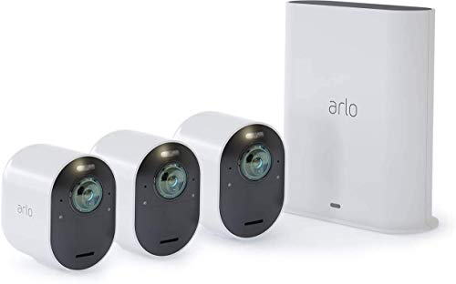 Arlo Ultra 4K - Sistema de seguridad y luz Smart (3 unidades, recargable, audio, libre de cables con visión diurna/nocturna, interior/exterior, funciona con Amazon Alexa)