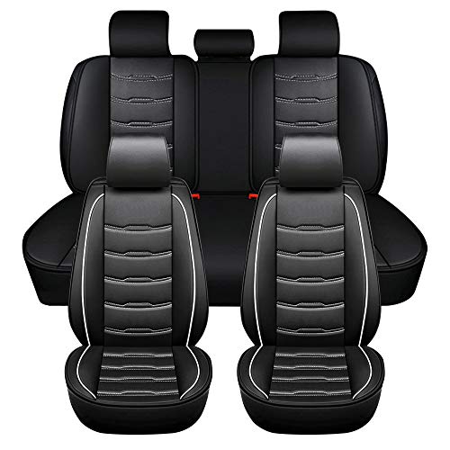 ASSIALL Fundas para asientos de automóvil New Gen Universal Faux PU Leather 5D Full Surround Impermeable Protectores resistentes al desgaste (negro con costuras blancas, Juego completo)
