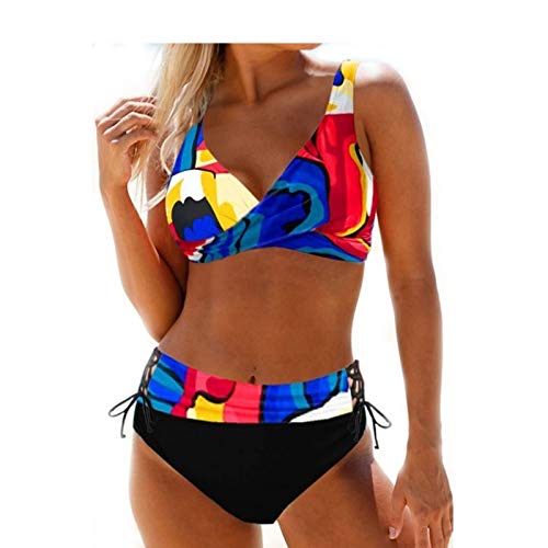 Bikini Trajes de Bano Mujer Dos Piezas Cuello en V con Estampado Rayas Separar Swimsuit Grandes Push up Verano Beachwear Banador,Rainbow Bar,XL