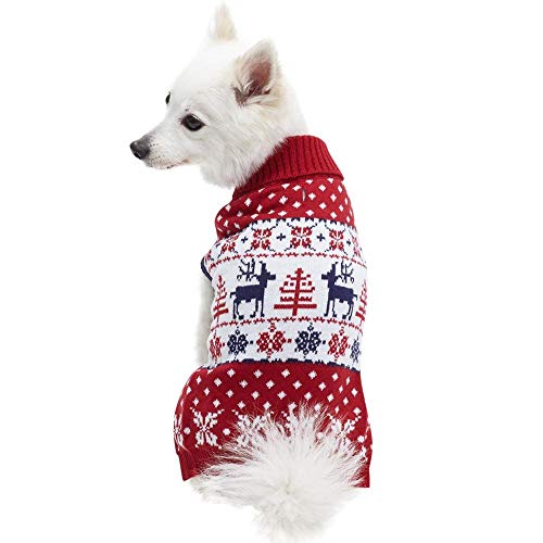 Blueberry Pet Vintage Ugly Christmas Reindeer Holiday Festive Pullover Dog Jumper in Tango Red & Navy Blue, Back Length 51cm, Pack of 1 Clothes for Dogs