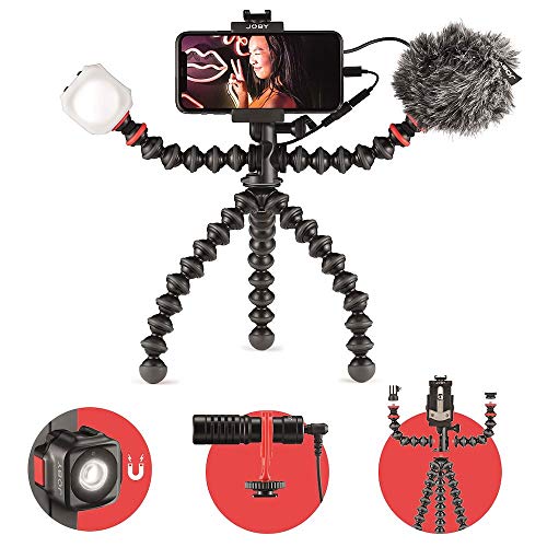 JOBY GorillaPod Mobile Vlogging Kit (Carcasa Smartphone, Wavo Mobile Mic, Luz LED Beamo Mini) Trípode Flexible, Carcasa para Teléfono, Micrófono, Luz, Vlogger/Youtuber/Móvil/Creación de Contenidos