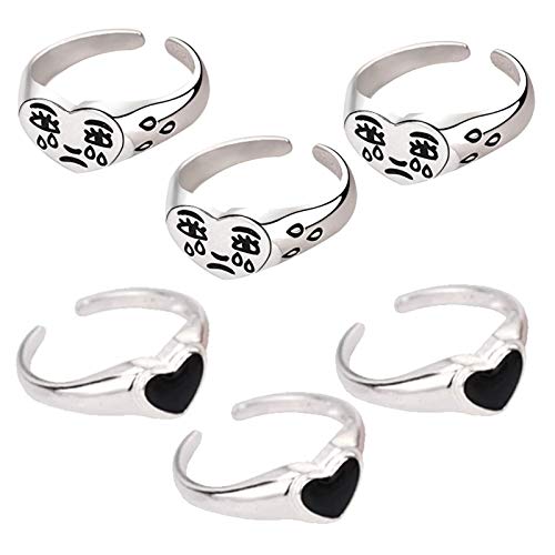 Korean Fashion Crying Heart Ring,2pcs Crying Face Heart Rings Women Vintage Adjustable Rings Band Kit,Girls Womens Jewellery Gifts (6pcs)