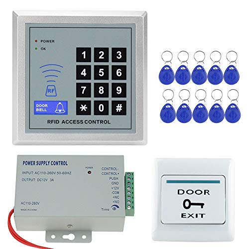 NN99 Kit de sistema de control de acceso a la puerta con teclado RFID de 125 KHz con controlador de fuente de alimentación + botón de salida de puerta + 10 llavero RFID, sin cerraduras eléctricas