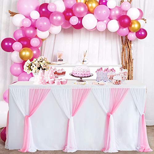 NSSONBEN Falda de mesa de tul rosa blanco para faldón de mesa con tutú mullido, falda de mesa para baby shower, cumpleaños, boda, despedida de soltera, decoración de mesa (4,5 m, 427 x 77 cm)