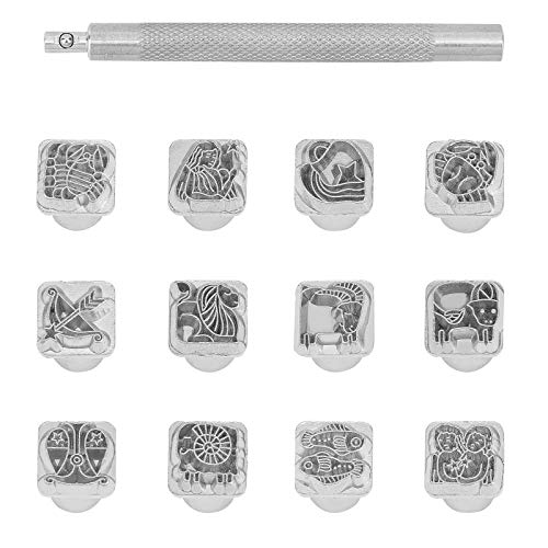 PandaHall Juego de 12 sellos de metal de 10 mm, 12 sellos de temática de constelación con 1 mango para manualidades, bolsa de cinturón, manualidades, marca de joyas, aleación de zinc