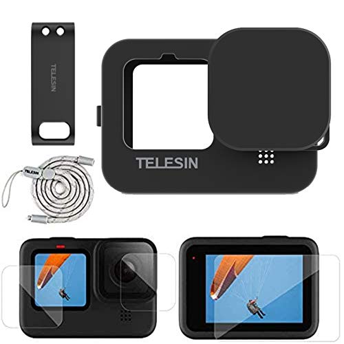 TELESIN Kit de accesorios para GoPro Hero 9 Funda protectora de silicona negra+Tapa de lente+Correa 4 protectores de pantalla+2 protectores de lentes de pantalla HD+1tapa de batería para GoPro Hero 9