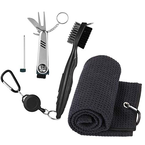 tiopeia Juego de 3 accesorios de golf con toalla de golf, cepillo y herramienta multifunción plegable